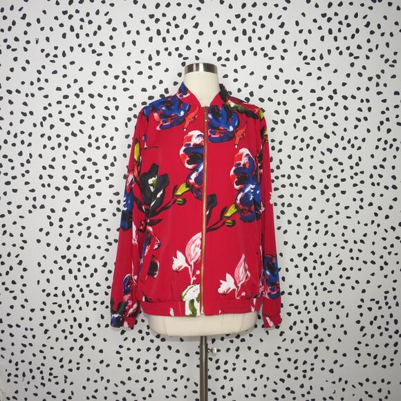 Susan Graver Red Floral Print Lightweight Zipper Front Bomber Jacket - Picture 2 of 10
